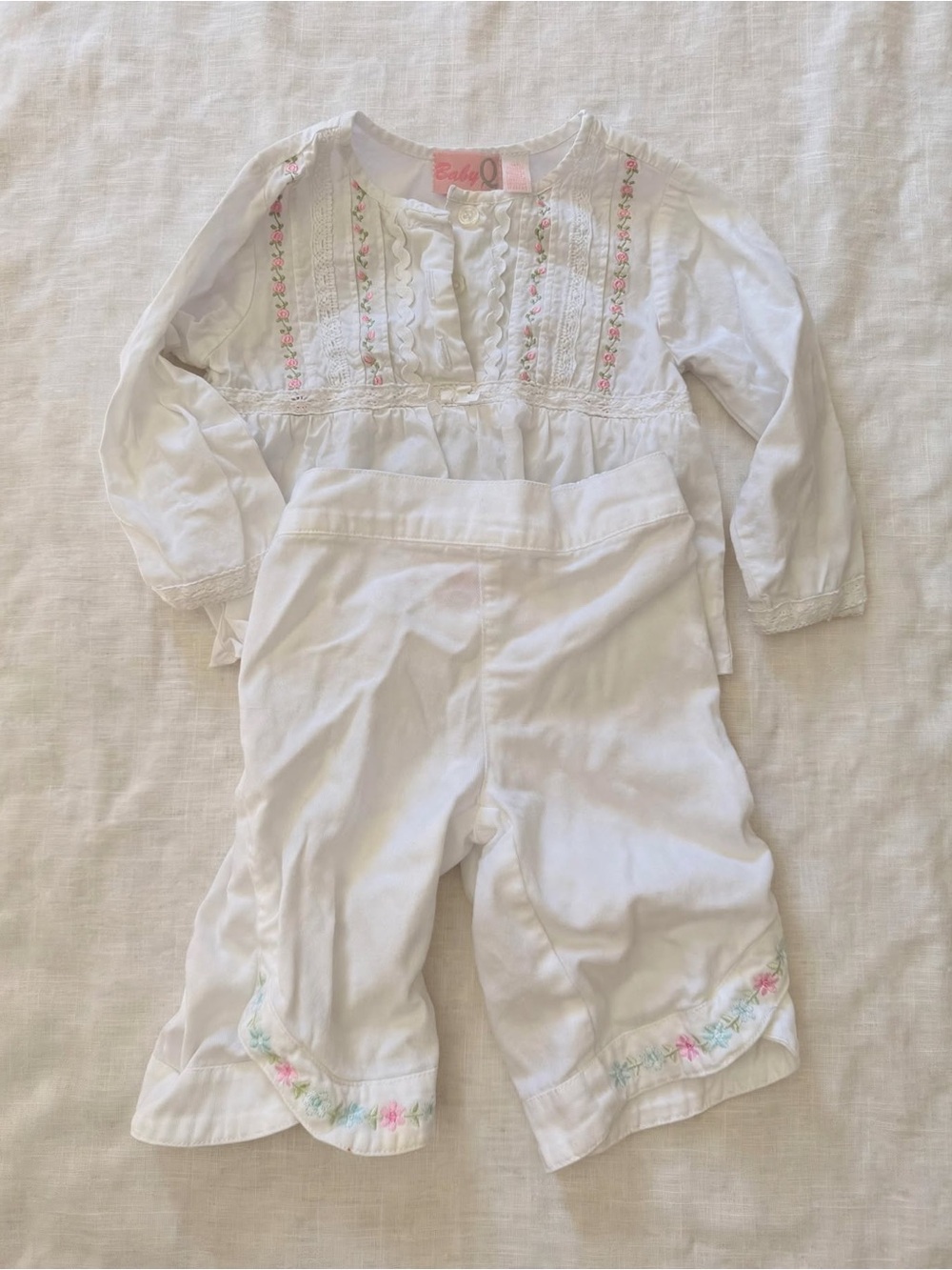 Vintage Baby Q White Embroidered Cotton Top & Pants Set 12M Cottagecore Heirloom